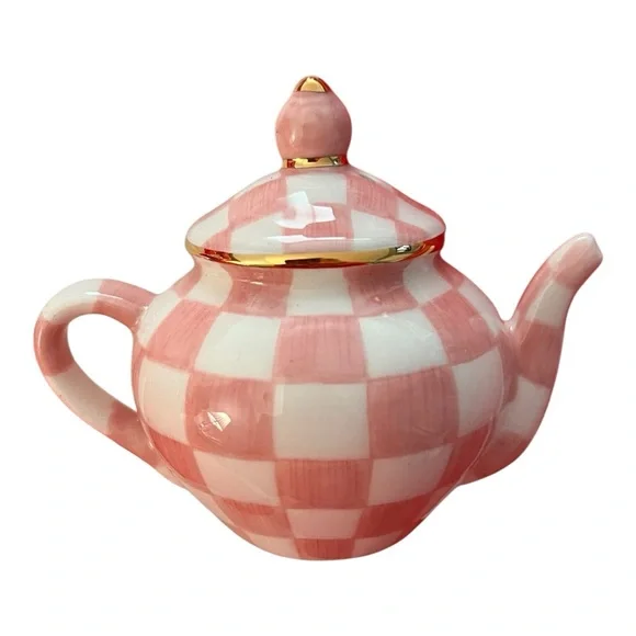 Mackenzie-Childs NWT in gift box gorgeous Rosy Check Teapot Salt & Pepper set - Picture 10 of 14